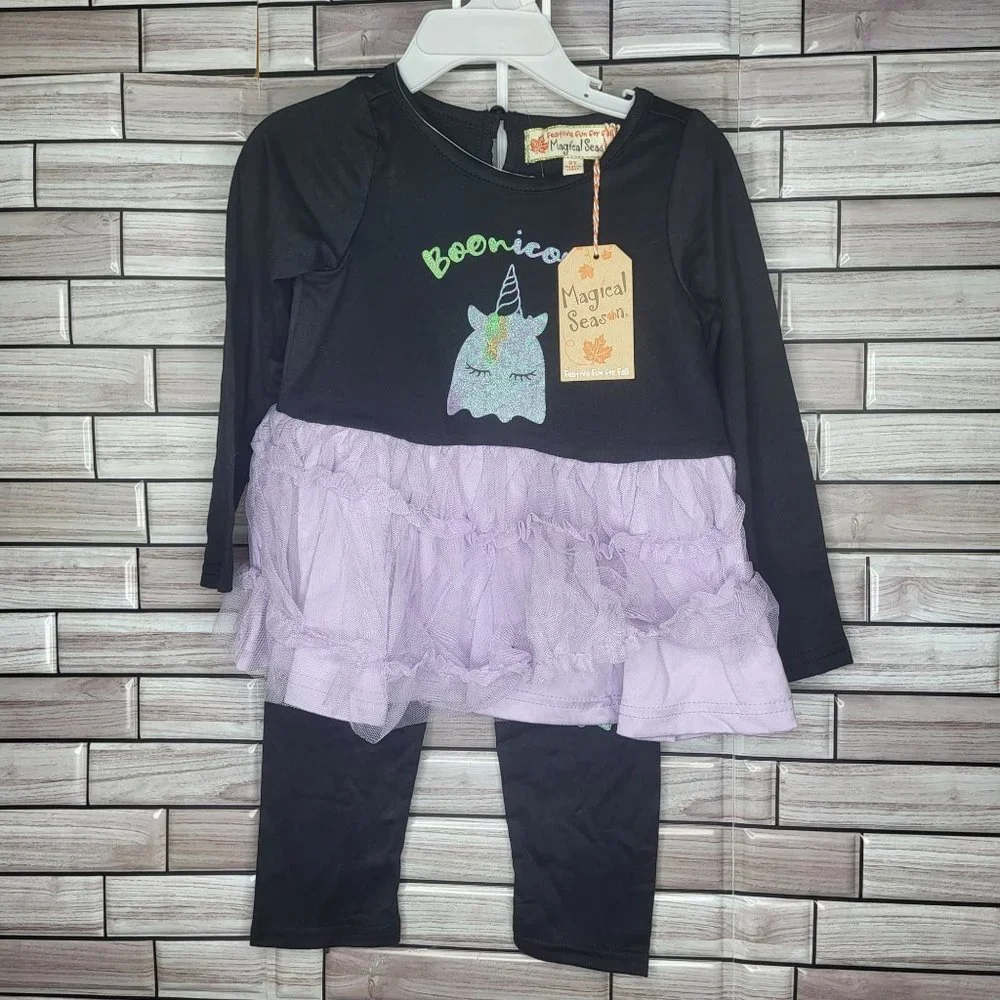 New Toddler 2T Halloween Outfit Long Sleeve Black Dress Shirt Unicorn Top Bottom